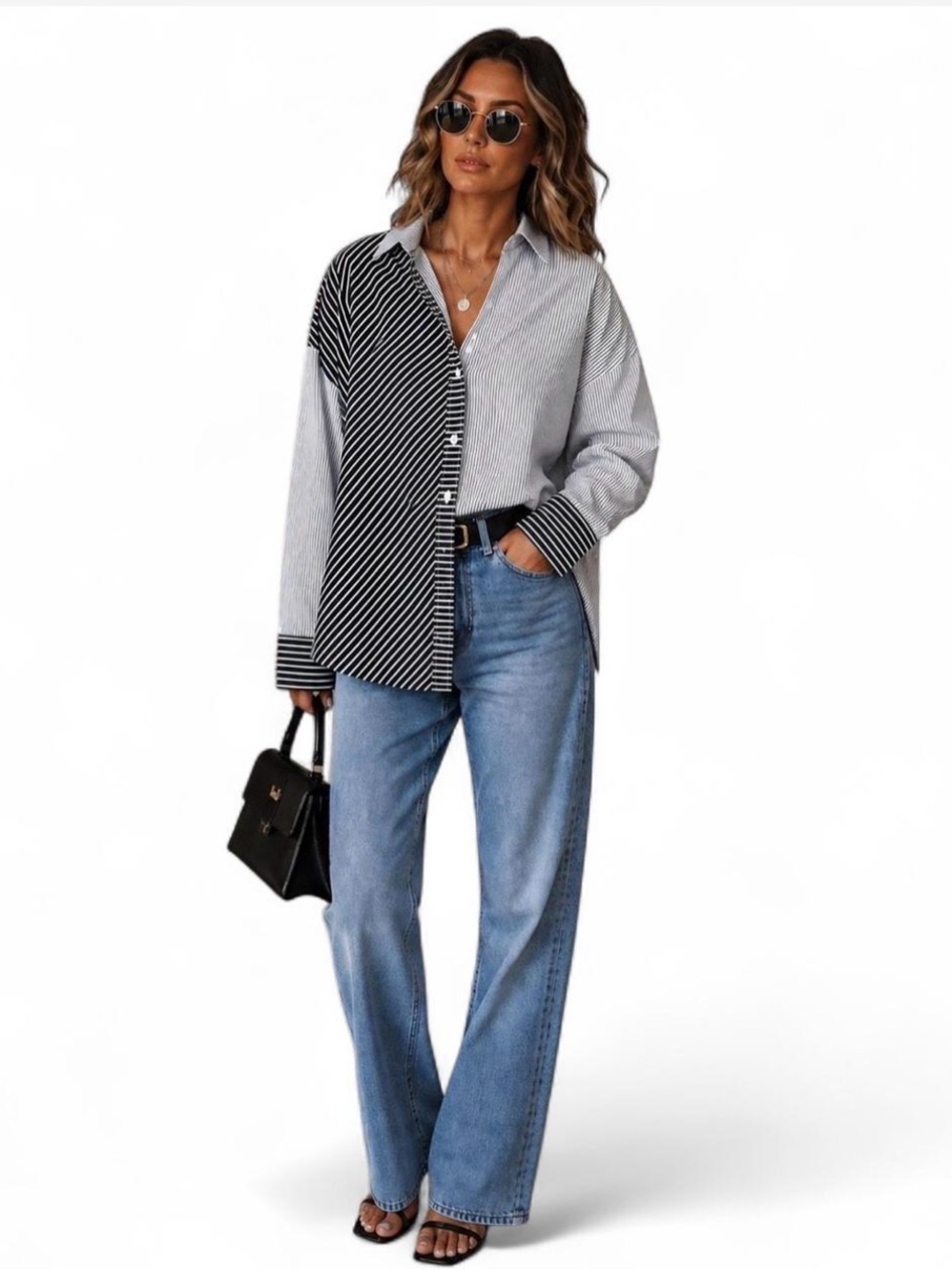 Shirt-Steve Madden Black & White Split-Stripe Button Down Shirt
